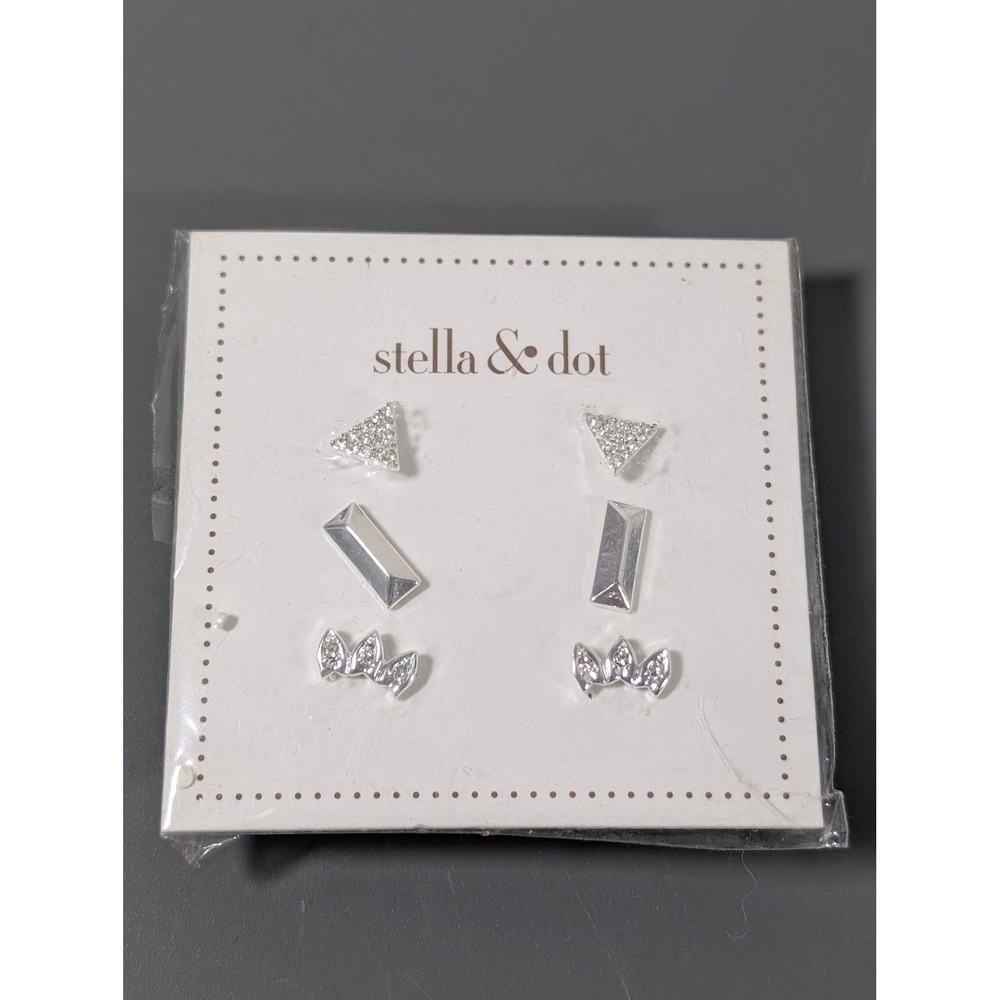 Stella‎ & Dot Set of 3 Silver Tone Crystal Geometric Stud Earrings New